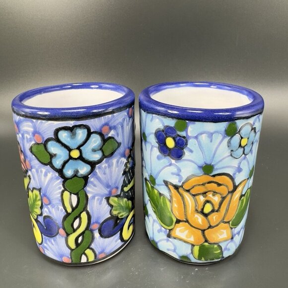 Hand Made Talavera Pottery Cups Tumblers Set 2 Signed Zepeda Puebla Mexico Cups - Picture 12 of 12